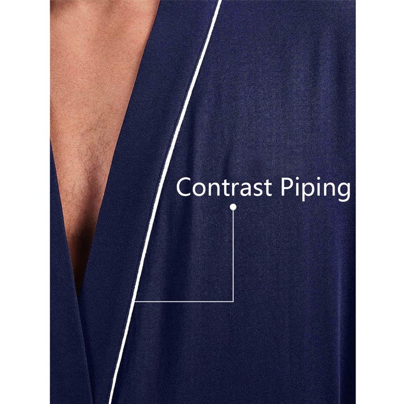 HOLOVE Knit Lightweight Cotton Bathrobes Knee Length Comfy Kimono Spa & Dressing Gowns for Men (Navy Blue L/XL) - Image 4